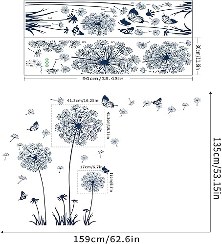 Miniatura 6 de Juego de 2 calcomanías de pared de diente de león para despegar y pegar, calcomanías de pared de diente de león azul, calcomanías florales grandes