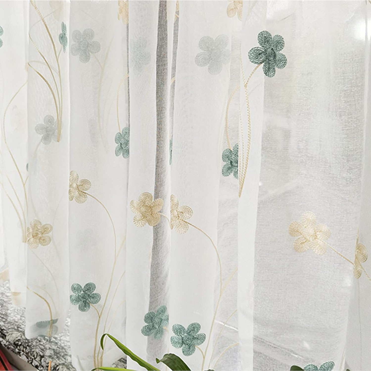 Kitchen Curtains Floral Embroidered Sheer Tier Curtains, Short Voile Cafe Curtains Rustic Style Flower Curtain Valance for Small Window/Cupboard Decor (Size : W300xH130cm/118x51in)