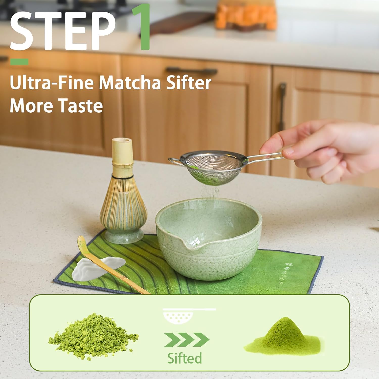 Matcha Whisk Set, 7 Pcs Matcha Set Includes Matcha Bowl with Spout, Bamboo Whisk, Holder, Stainless Sifter, Scoop and Rest, Rest, Tea Towel - Japanese Matcha Kit for Matcha Lovers, Family/Friend