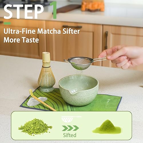Miniatura 3 de Juego de batidor de matcha, juego de matcha incluye cuenco, batidor y soporte, tamiz, cuchara, reposarillas, toalla de té, kit de 7 piezas para los