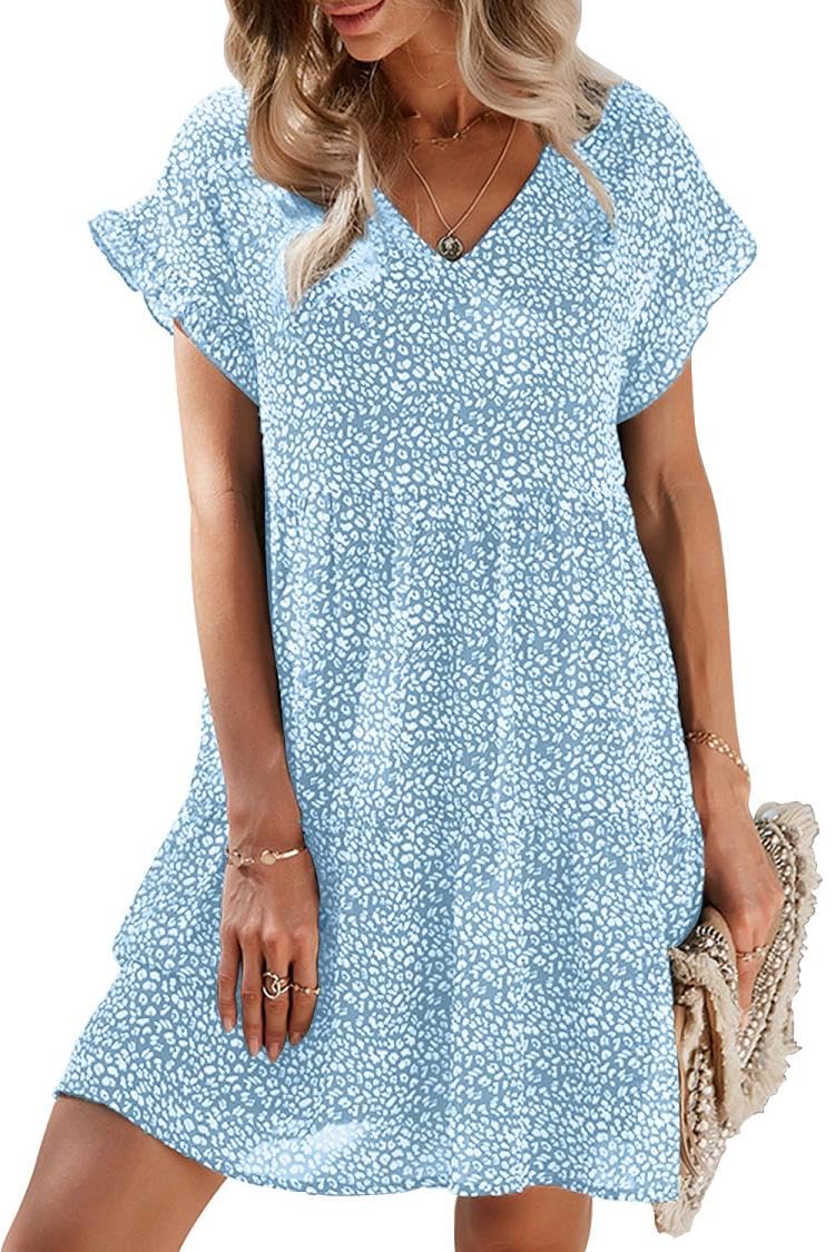 Joligiao Vestido Midi Floral para Mujer Vestido de Playa de Manga Corta Vestido Casual Diario de Gasa con Cuello en V Y Volantes Florales Vestido Corto de Verano