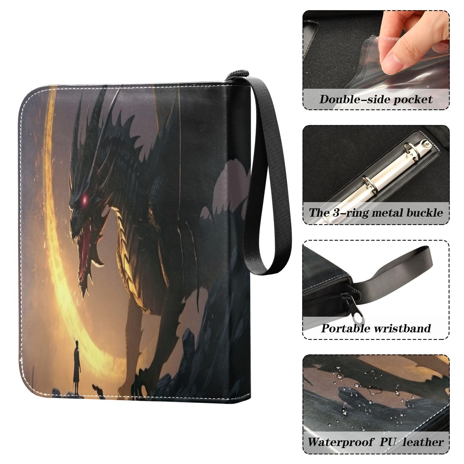 Amazon.com: Msyxl Black Fire Dragon Card Binder 4-Pocket, 400 Pockets PU  Waterproof Zippered Collector Card Album with 50 Removable Sleeves for  Trading, Game Cards : Toys & Games