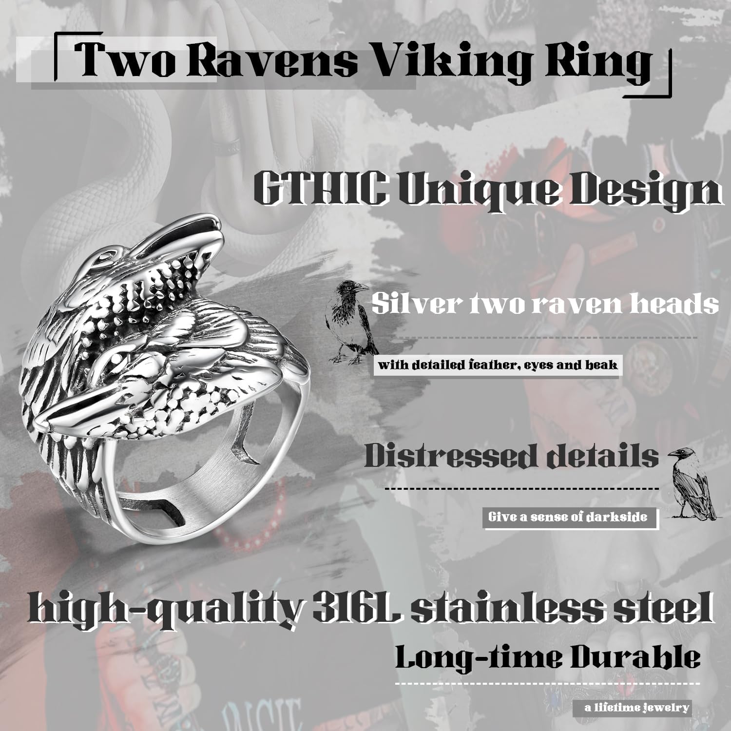 GTHIC Stainless Steel Viking Double Raven Head Ring For Men Women Retro Punk Odin's Crows Amulet Animal Rings Jewelry, Size 7-13