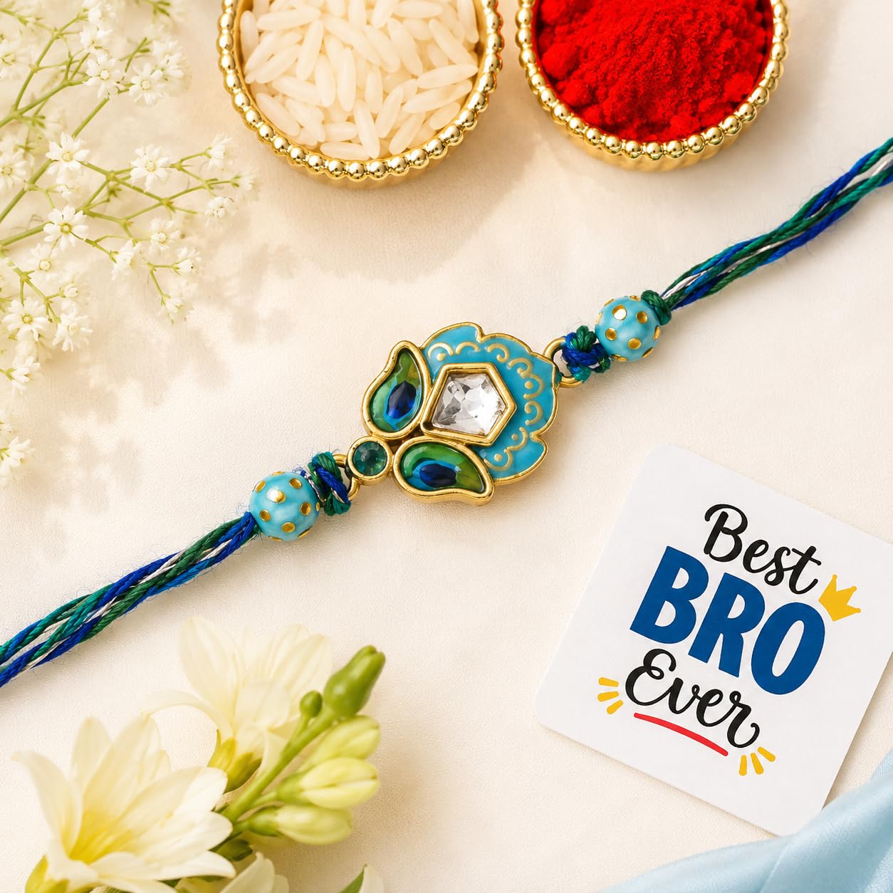 eCraftIndia Peacock Feather Designer Rakhi for Brother with Gift Combo Set Hamper | Raksha Bandhan Rakhi for Bhai Bhaiya | Best Bro Ever Fridge Magnet | Roli Chawal Pack