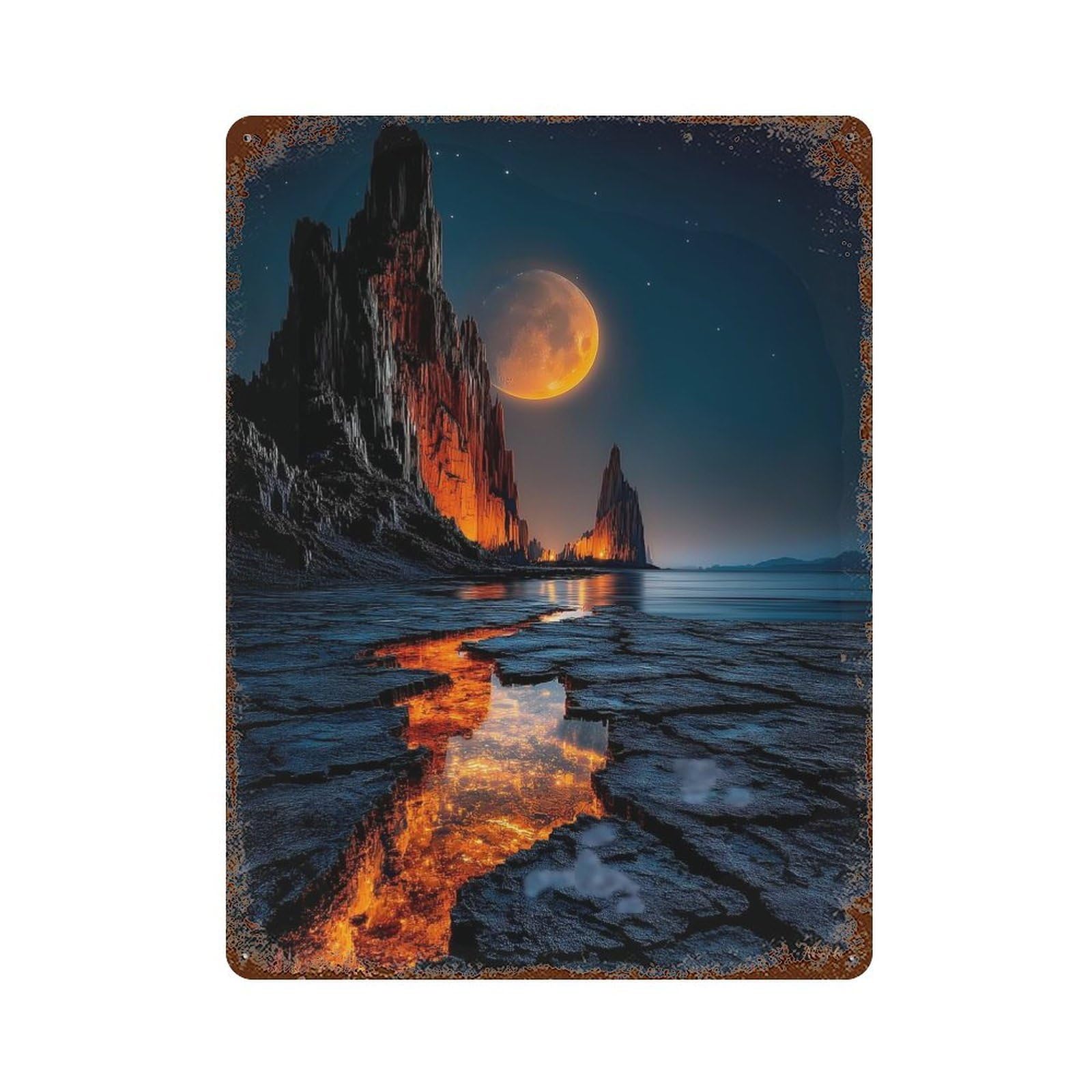 Luminous Moonlit Cliffs with Fiery Lava Stream – Vivid Horizon Landscape 15.7"x11.8" Rusty Metal Tin Sign, Shabby Chic Decor for Bistro, Counter And Cafe Decor