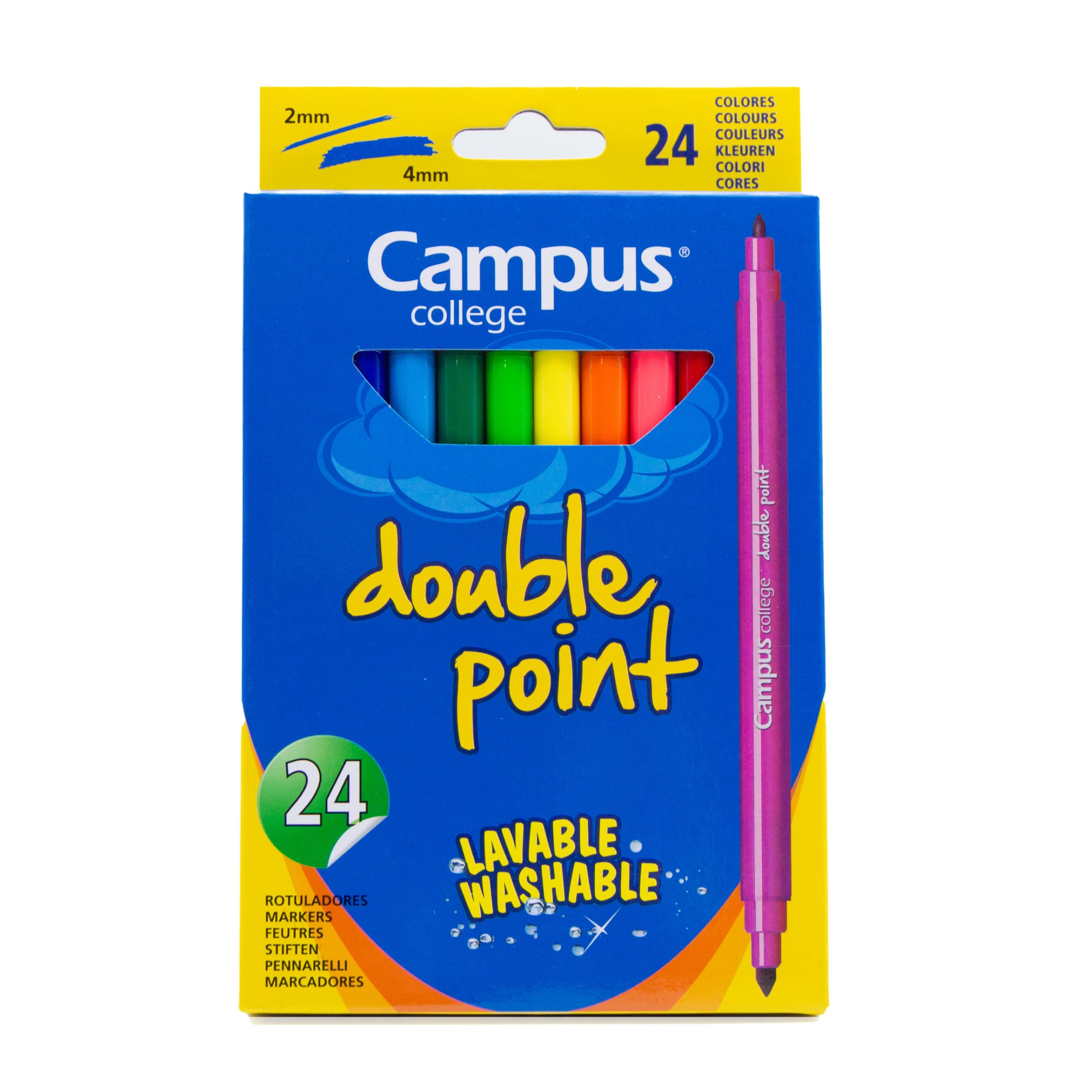 Campus College 24 Rotuladores doble punta lavable de colores brillantes con punta de fibra muy resistente y de larga duración, Perfecto para Manualidades, Pintar o Material Escolar.