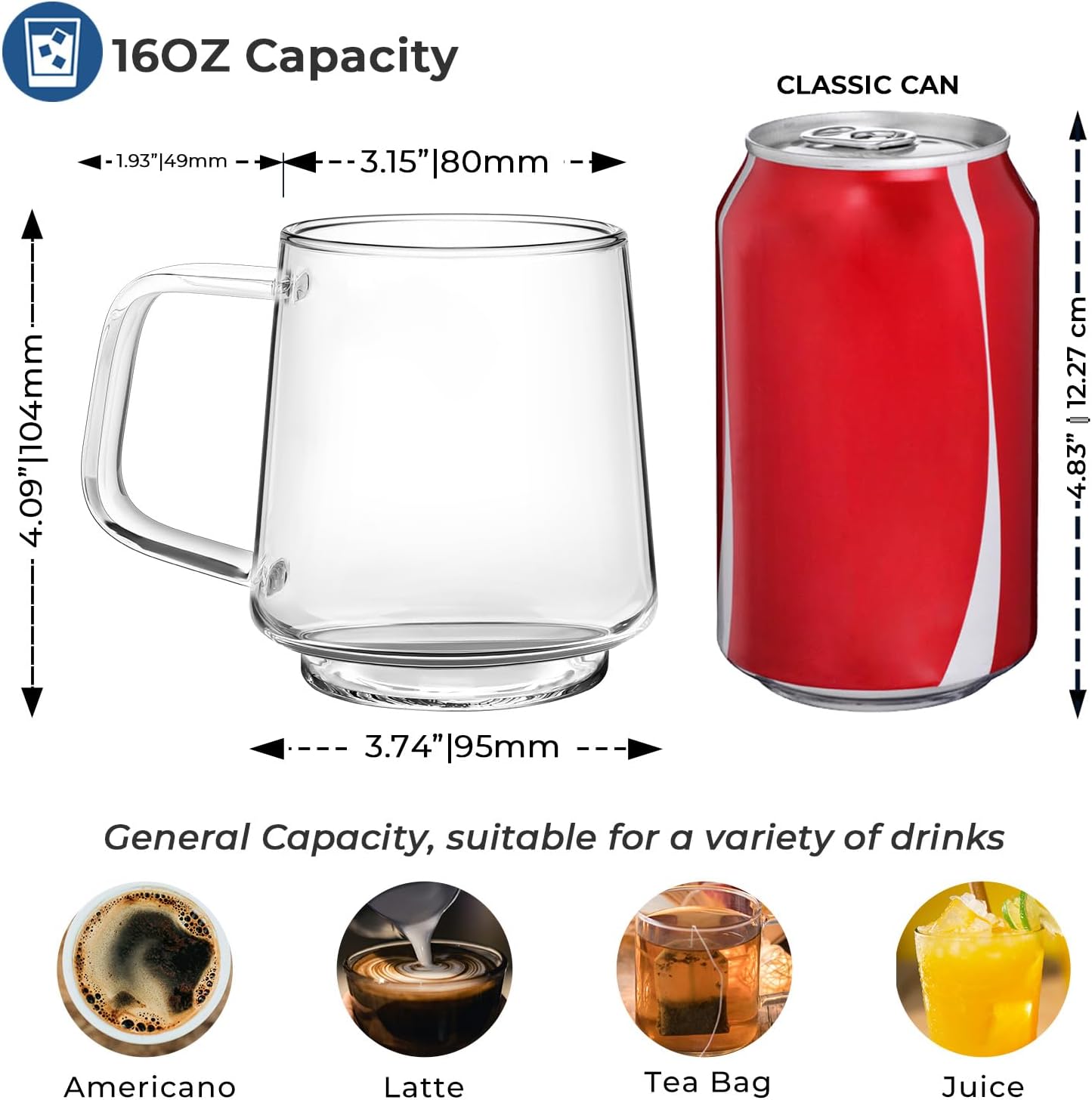 Aquach 16 Oz Glass Coffee Tea Cups, Clear Mugs with Handle, Microwave and Dishwasher safe Home Office Mug Perfect for Americano Latte Hot Beverages, 2-Pack - Image 4