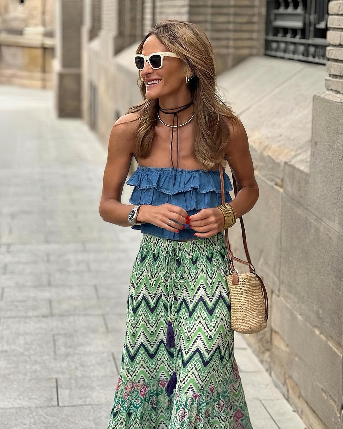 LIAMERHE Falda Larga Mujer Verano Boho Chic Falda Maxi de Cintura Alta Elástica Faldas Línea A Fluidas con Volantes Estampado Floral Estilo Gypsy Playa Vacaciones Vestidos de Playa