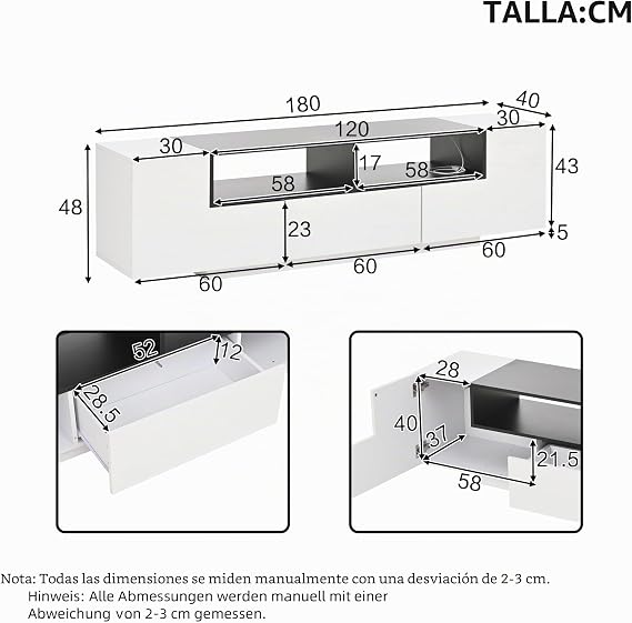 Mueble de TV con 2 puertas, LED para televisor hasta 75, mueble de TV bajo con gran espacio de almacenamiento, con 2 puertas, para salón, comedor, dormitorio, blanco