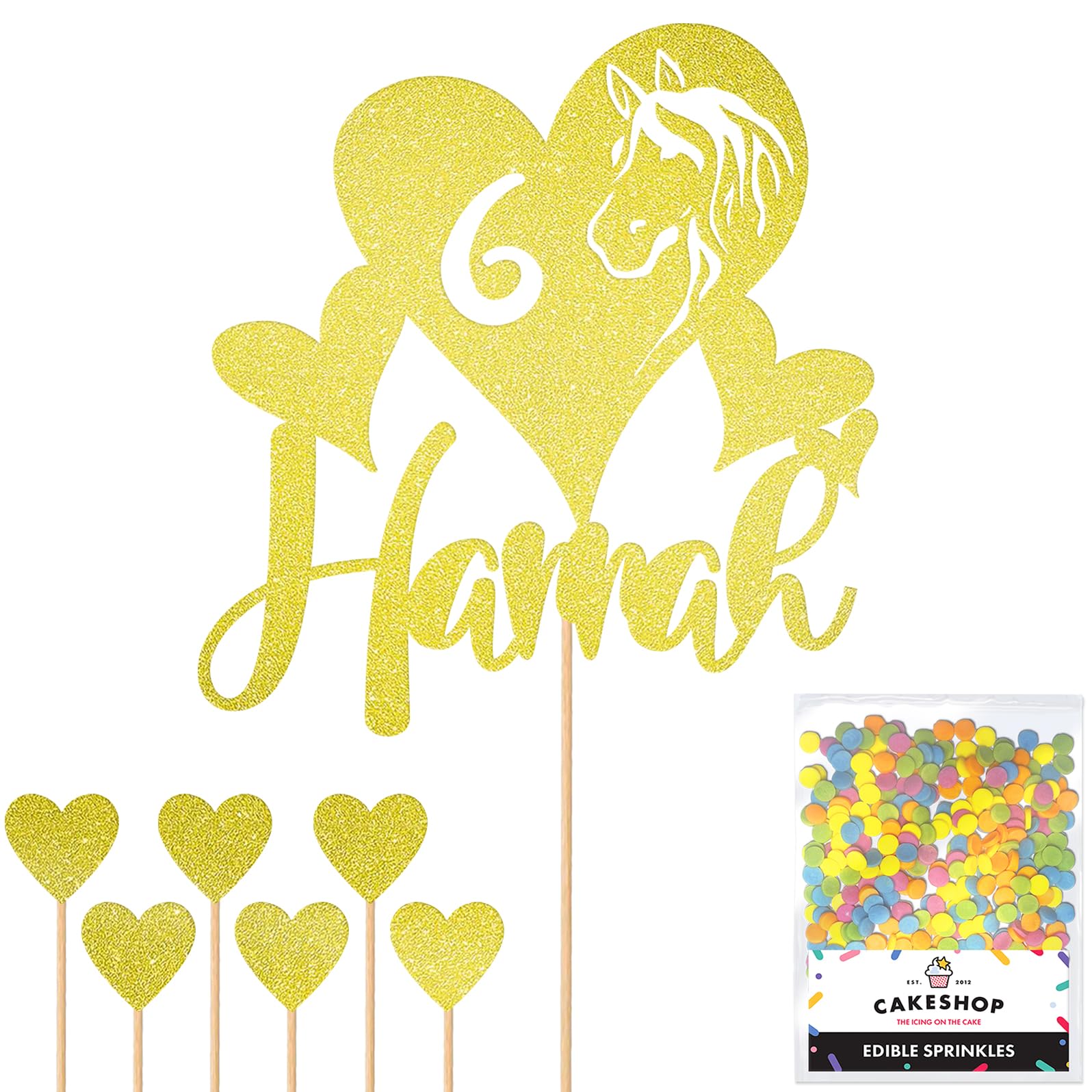 Personalised Horse Pony Love Heart Glitter Cake Topper - Champagne Custom Age & Name Glitter Cake Decoration and Sprinkles - Happy Birthday Decorations - Personalised Toppers for Cakes by Cakeshop