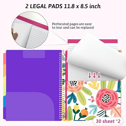 Miniatura 3 de Folio portapapeles con 2 blocs legales para tamaño carta, 6 divisores con almacenamiento, 12 bolsillos, portapapeles de tapa dura en espiral,