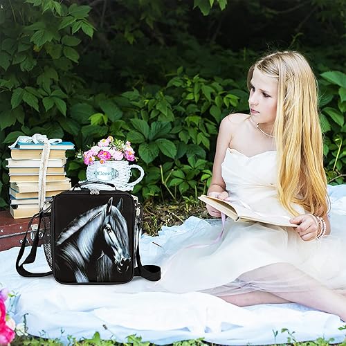 Miniatura 4 de Pardick Lonchera térmica con diseño de caballo negro para niños, niñas, mujeres y hombres, con correa para el hombro, duradera, reutilizable,