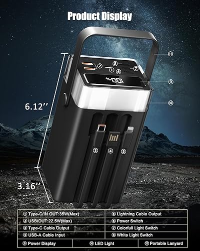 Miniatura 8 de Cargador portátil de 90000 mAh con carga rápida PD de 35 W, 6 puertos y cables integrados, luz de estado de ánimo RGB (12 modos) y linterna LED de