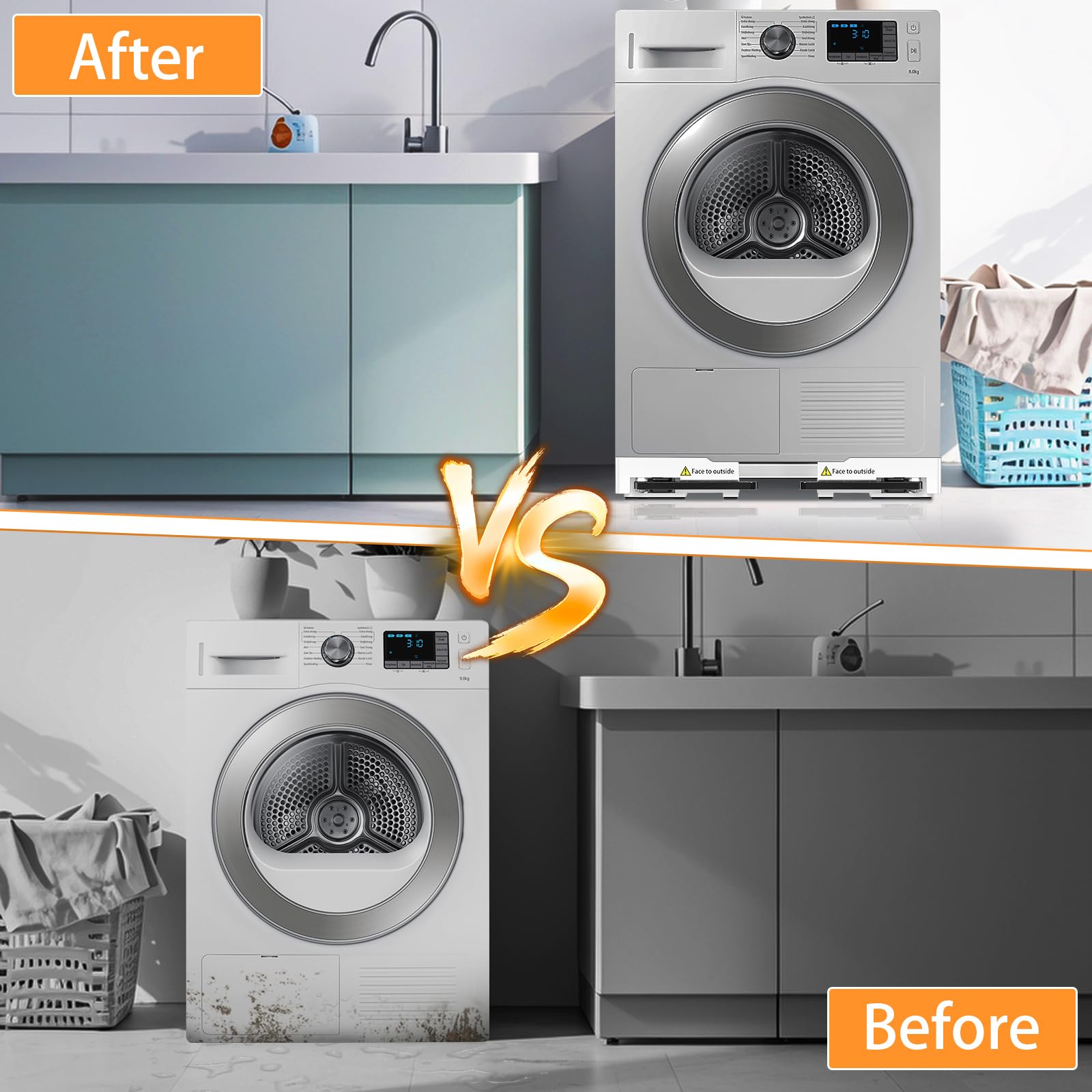 NIUXX Socle Lave Linge avec Roulettes Pivotantes 360° Anti-Vibrations Freins Réglables Taille Ajustable 42-69 cm
