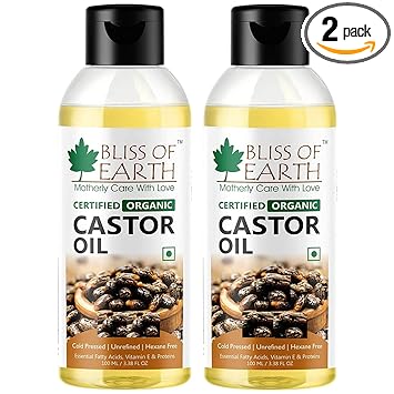 Bliss of Earth USDA Organic Castor Oil For Hair Growth, Skin & Eyebrows, Cold Pressed & Hexane Free, 2X100 ml