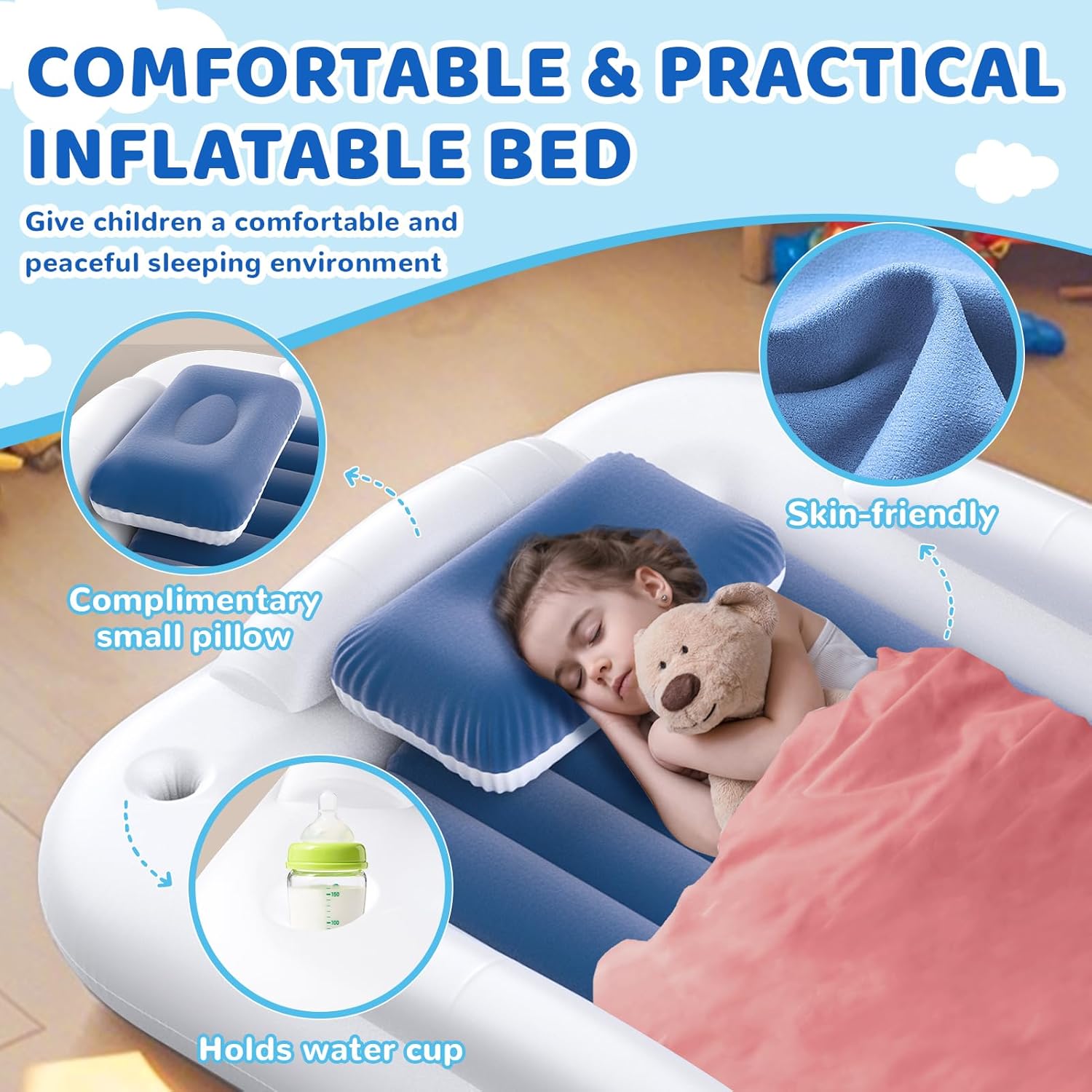 deeteck inflatable toddler travel bed - 60 inches portable toddler bed for travel with safety sides - cozy kids air mattress with built-in electric pump &carry case - easy to inflate - sea blue sea blue 60in