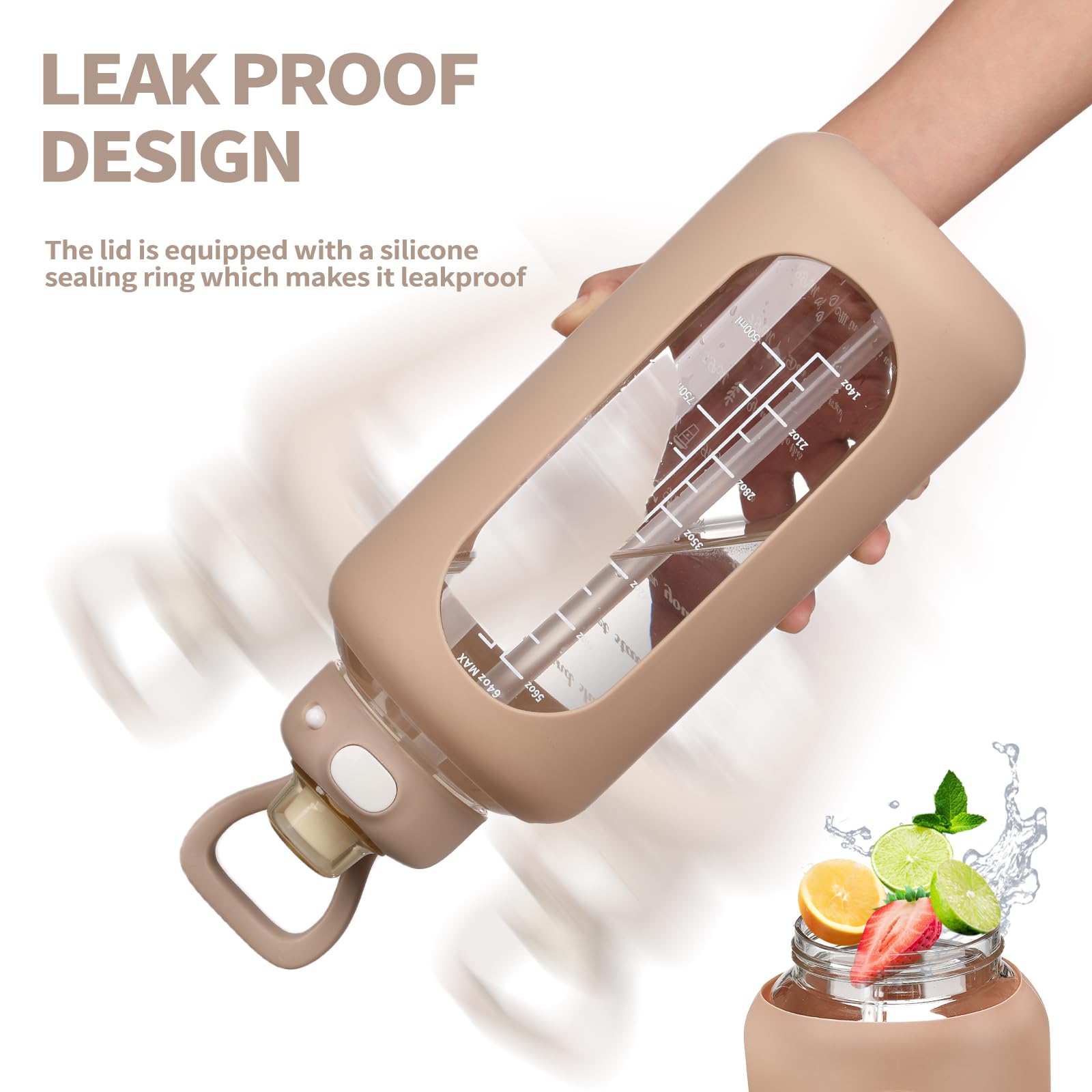 SIEROZUR 64 oz Glass Water Bottle Jug with Straw Half Gallon Sports Motivational Water Bottle with Silicone Sleeve and Time Marker Big Glass Water Bottle for Gym, Sports, Workout, Daily