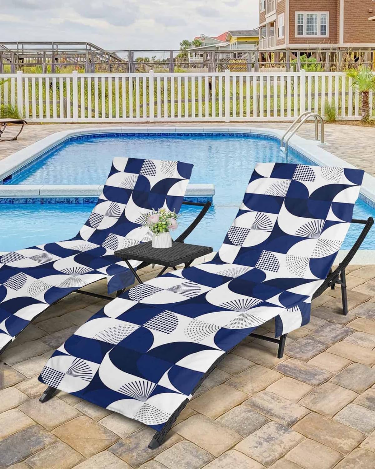 Navy Blue Beach Pool Patio Lounge Chaise Chair Cover Towel With Pockets,Absorbent & Quick Dry Microfiber Towel Cover Bag Summer Accessories for Sunbathing Modern Abstract Geometric Middle Century