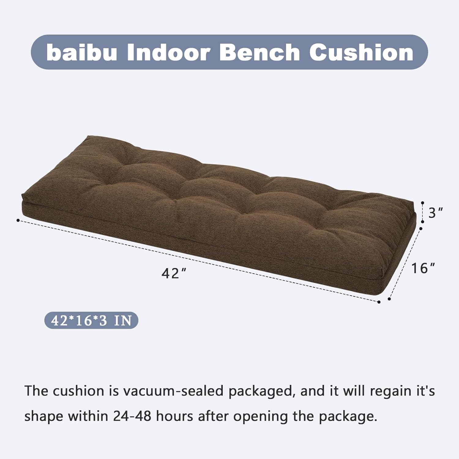 baibu 42 Inch Dual-Layer Patent Design Memory Foam Bench Cushion, Non-Slip Indoor Bench Cushion Standard Size Foam Pad with Machine Washable Cover (Brown, 42x16x3in)