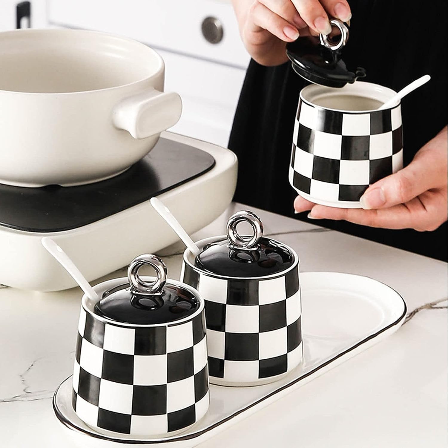 Condiment Pots Container With Spoon Lid Spice Jar Set With Tray Seasonings Organizer Spice Storage Containers (Color : 3Pieces) (Color : 3pieces)