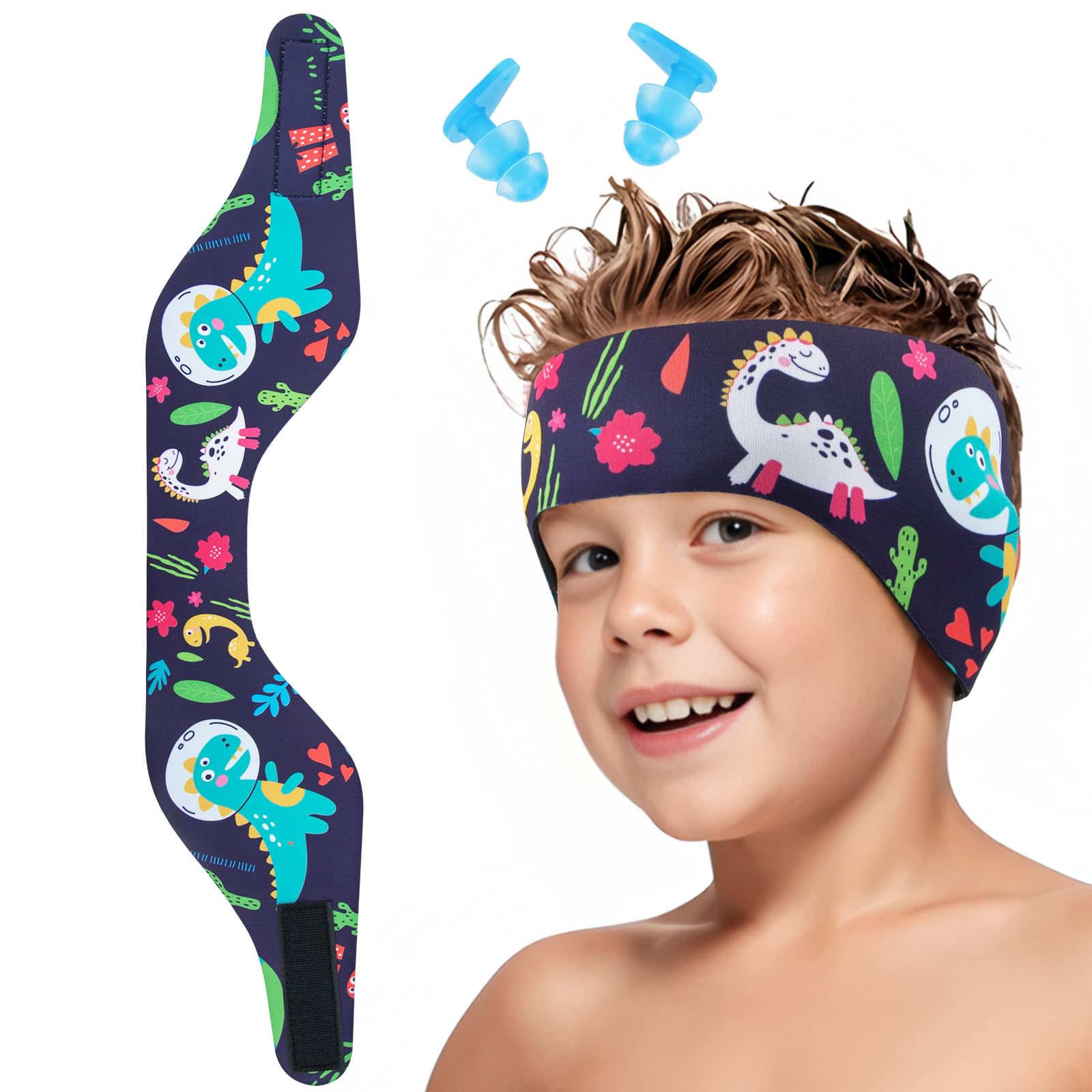 Bandeau de Natation Enfant, Bandeau Élastique avec avec Bouchons d'Oreille de Protection pour la Natation et Autres Sports Nautiques (Rose Bonbon, L)