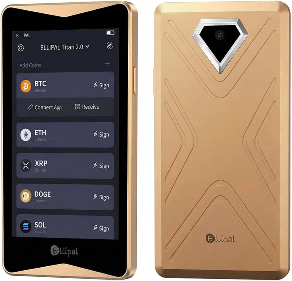 ELLIPAL ELLIPAL Titan 2.0 Crypto Cold Wallet - 100% Offline Hardware Wallet with Air-Gapped Technology, Cold Storage for Bitcoin, ETH, SOL, NFT & 10,000+ Coins and Tokens(Golden)