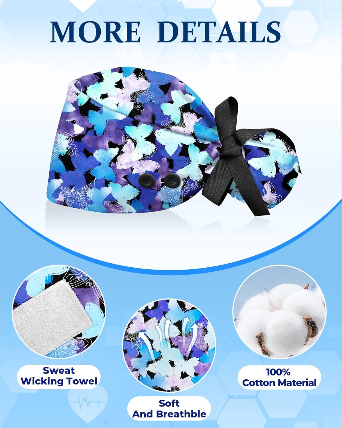 Plifal 100% Cotton Scrub Cap with Buttons-Nurse Cap with Sweatband for Women, Adjustable Working Hat,Satin Lined or Unlined - Image 3