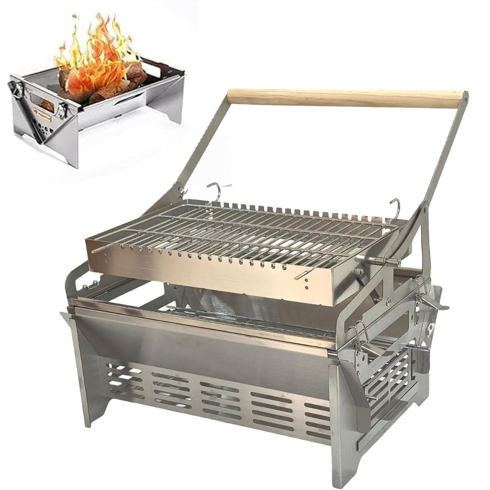 PioMue 360° Rotating BBQ Grill, Stainless Steel Cooking Grid for Outdoor Camping, Charcoal BBQ for Picnics and Beach Parties, Durable and Portable Design