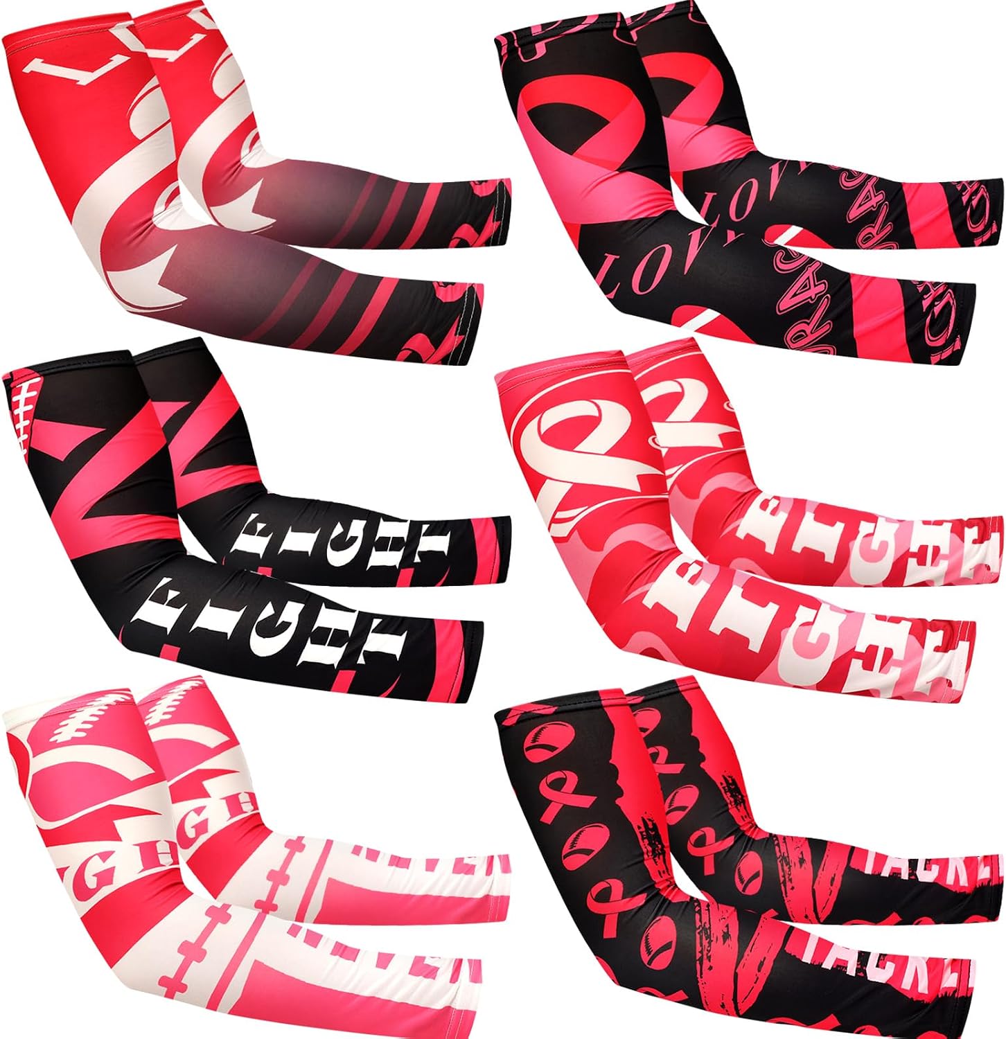 6 Pairs Football Breast Cancer Awareness Arm Sleeves Pink Ribbon Compression Sport Accessories for Youth Men Women