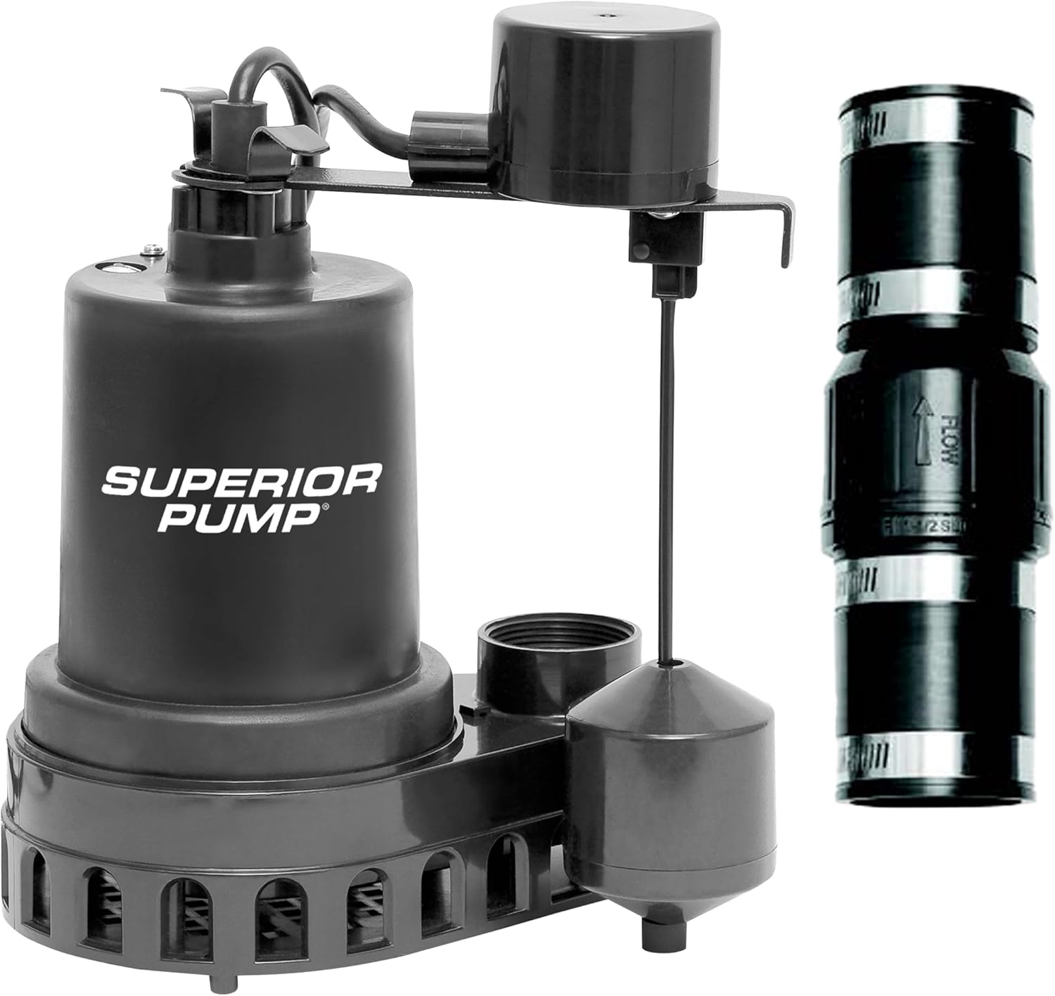 Superior Pump 92057 1/2 HP Thermoplastic Submersible Sump Pump with Vertical Float Switch, plus 1-1/2-Inch Rubber Boot Check Valve