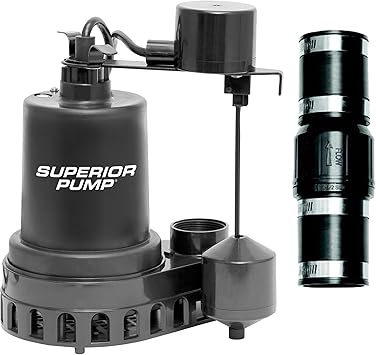 Superior Pump 92057 1/2 HP Thermoplastic Submersible Sump Pump with Vertical Float Switch, plus 1-1/2-Inch Rubber Boot Check Valve