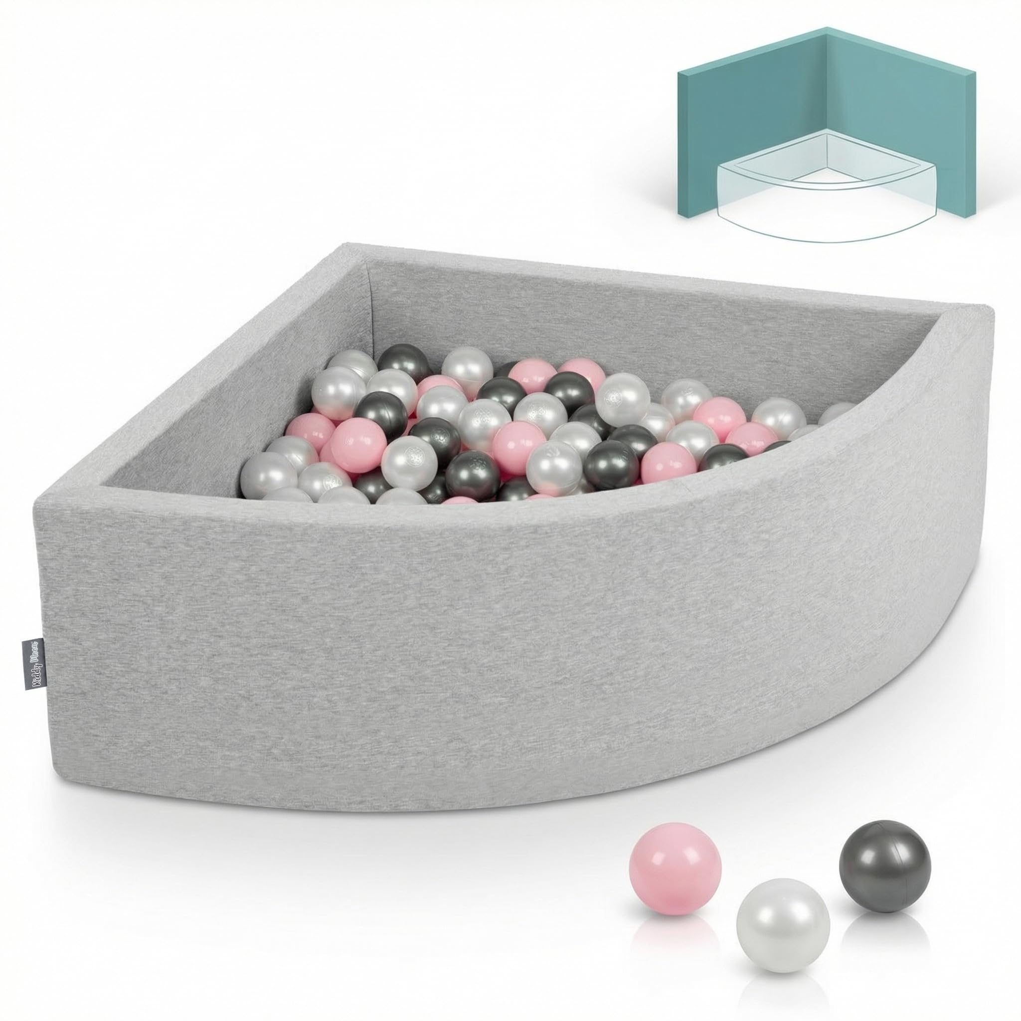 KiddyMoon Quarter Corner Ball Pit 90x30cm with 200 Balls 7cm Foam Ball Pool for Baby and Toddler - Light Grey: Pearl Powderpink Silver — image 1