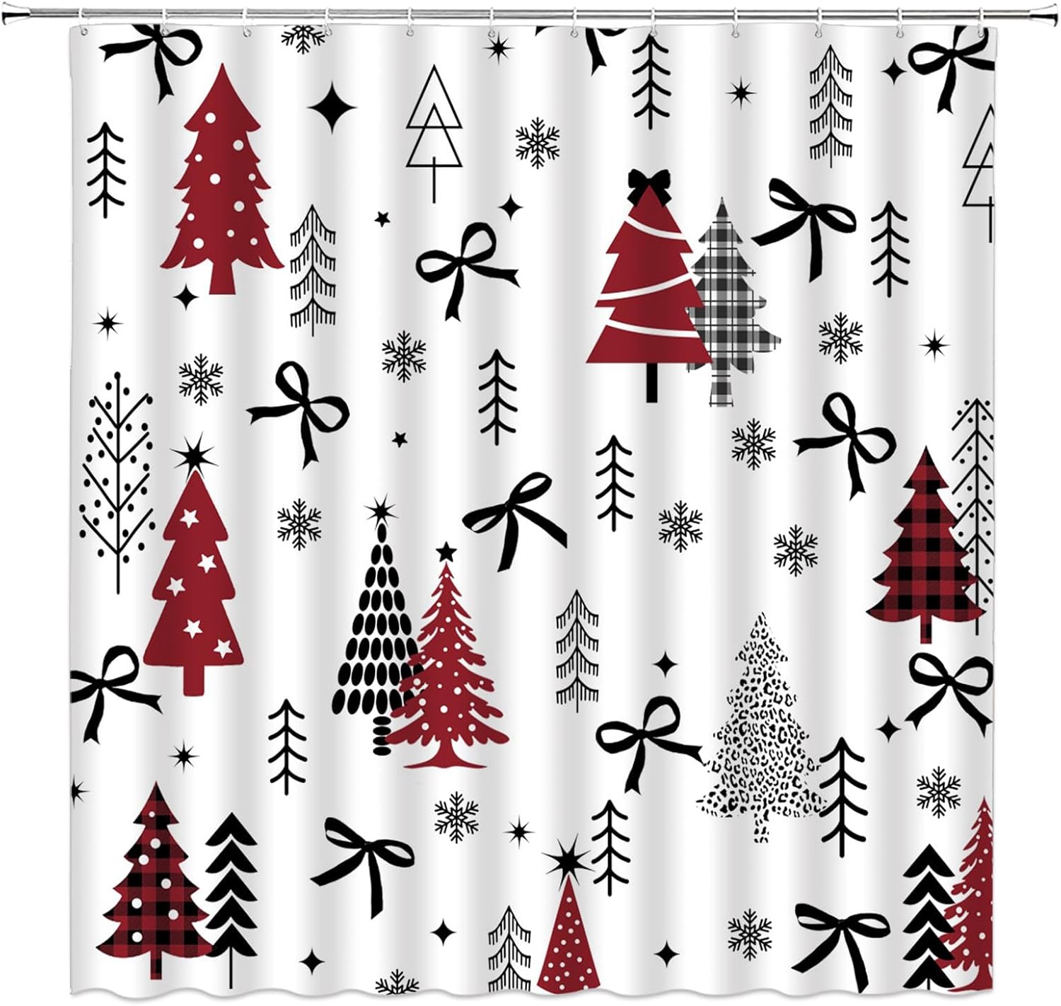 Christmas Shower Curtain 70" Wx96 H,Xmas Tree with Black Bow Winter Holiday Fabric Bathroom Decor Curtains with Hooks,