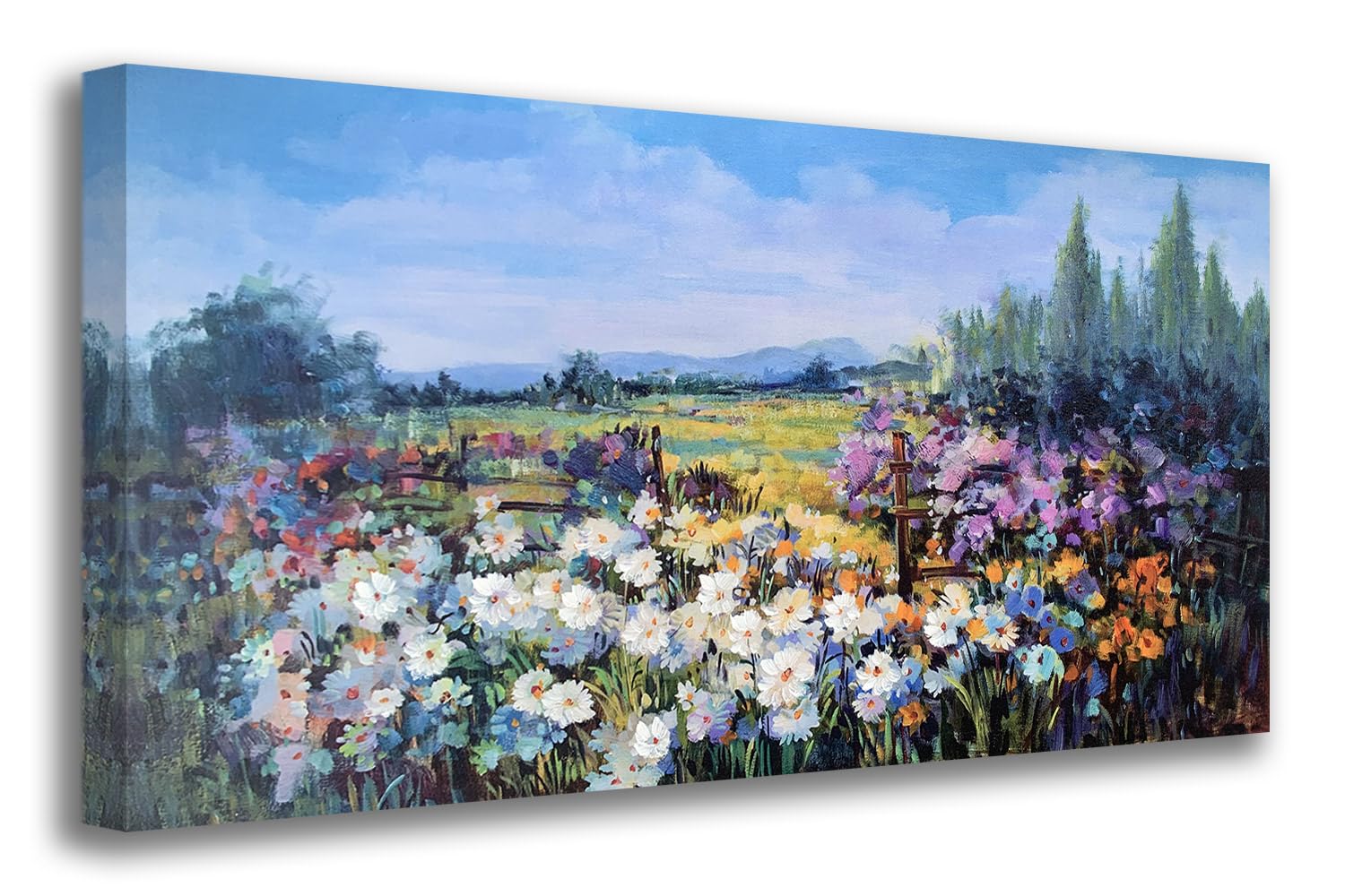 Acocifi Flower Canvas Wall Art Rustic Floral Fields Landscape Picture Textured Painting Colorful Country Scenery Large Artwork Framed for Living Room Bedroom Bathroom Kitchen Office Home Decor 58