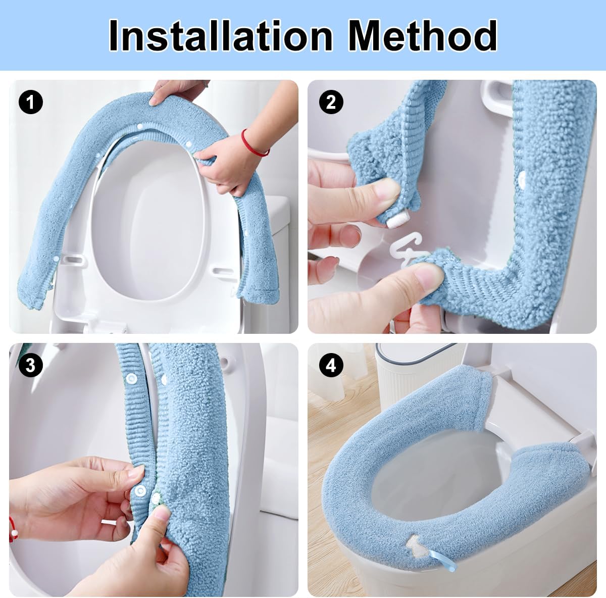 2 Packs Toilet Seat Cover, Plush Warm Bathroom Toilet Seat Cushion with Snaps Fixed Washable and Reusable Toilet Seat Lid Cover Pads, Fits Most Toilet Seats, Blue image 2