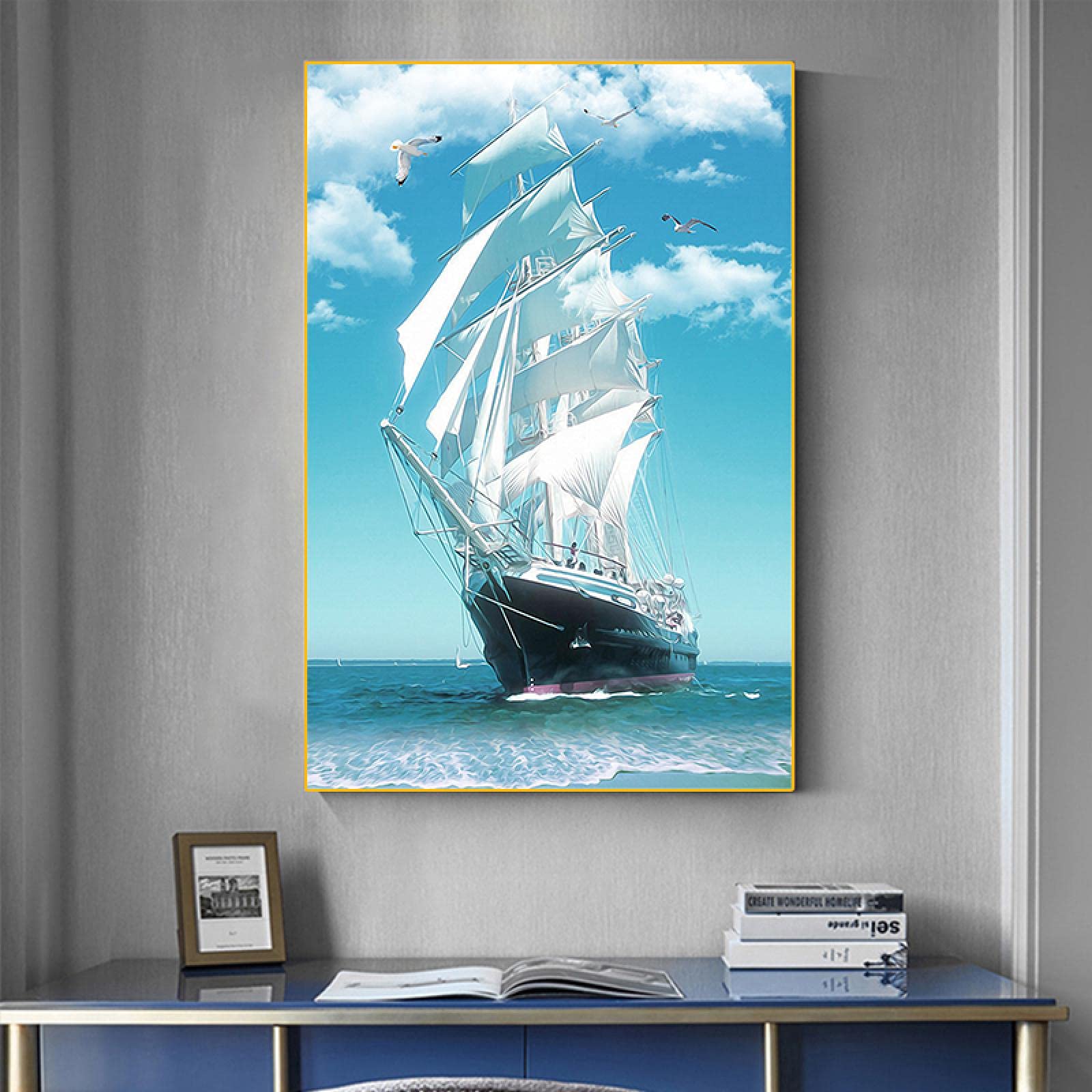 Amazon.co.jp: キャンバスの絵画航海の白い帆船の絵のプリントと