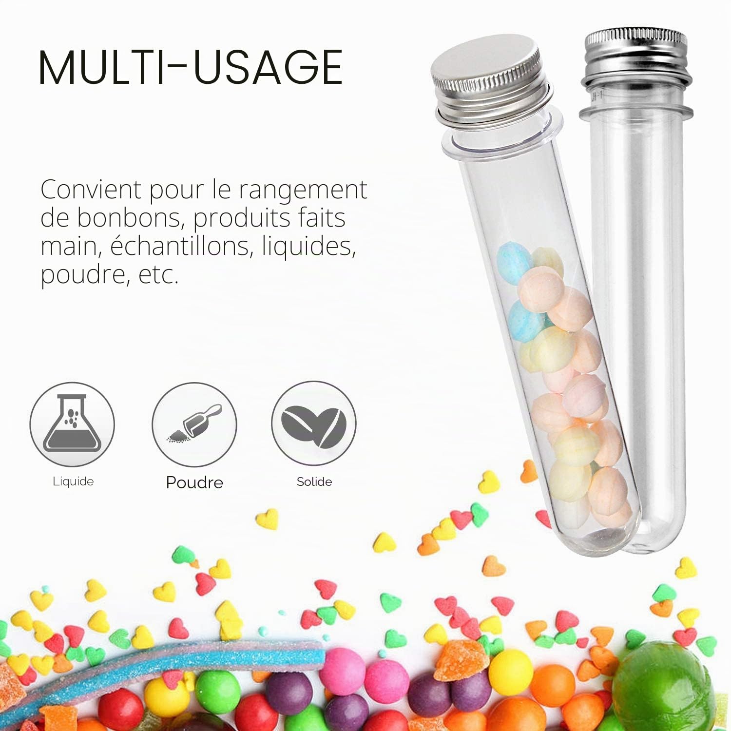 KAHEIGN 60 Pièces Tubes à Essai en Plastique avec Casquettes, 45ml Tubes de Sel de Bain Transparents Tubes de Bonbons Gumball Flacons Tube Récipient pour Fleur Épices Verre Perles Liquide Laboratoire
