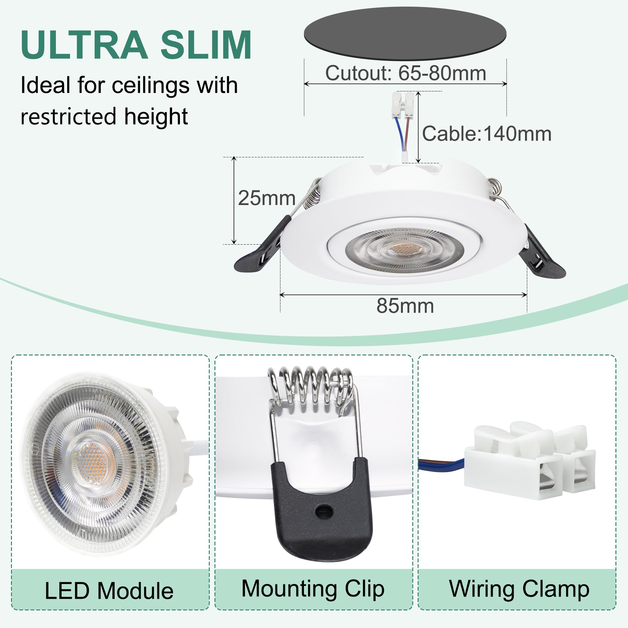 LED Einbaustrahler 230V Dimmbar 68mm 5.5W IP44 2700K Warmweiß 6er Set