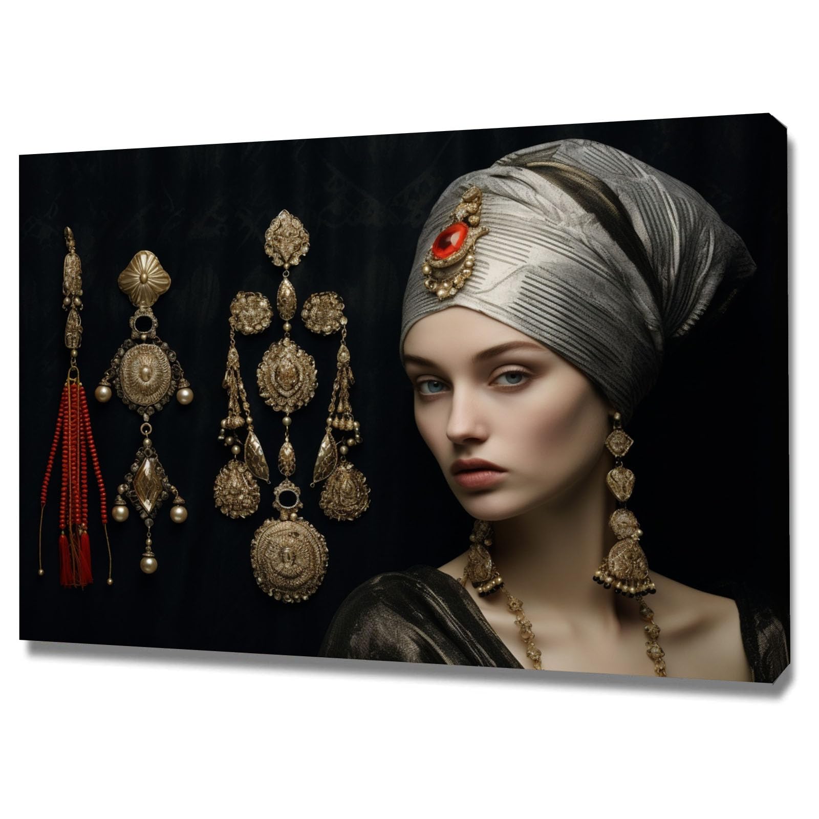 TERUEA Funny Bathroom Wall Decor Poster Woman with Vintage Gold Jewelry and Turban Portrait Canvas Prints Wall Art Pictures Artwork for Bedroom Home Decor(Grey)-60x90cm Framed