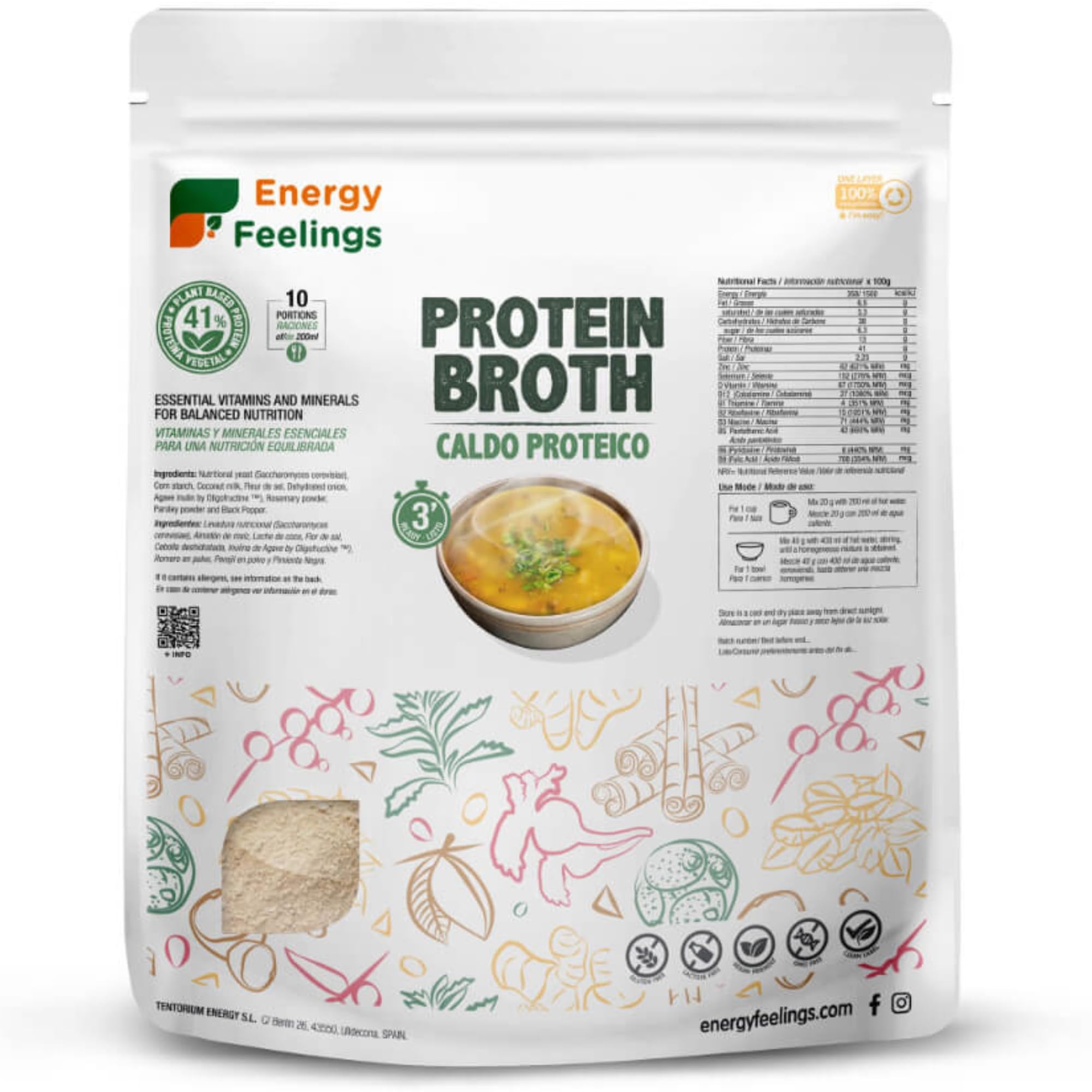 Caldo Vegetal Nutricional Proteico en Polvo y Copos 500g | Rico en Proteína 41% y Fibra 13% | Sin Gluten Vegano Sin Azúcares Añadidos