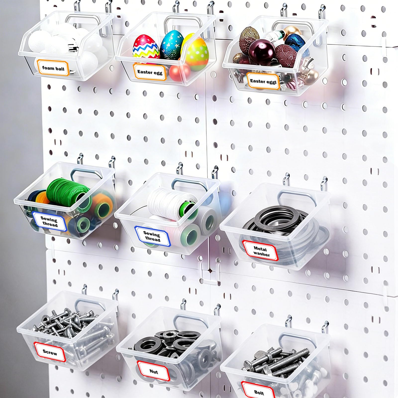 32 Pcs Kit Accessori per Pannello Forato, 16 Scatola Trasparente e 16 Ganci per Pannelli Forati, Gancio per Portautensili Pannello Porta Attrezzi da Parete Accessori per Gaming Pegboard Garage Negozio