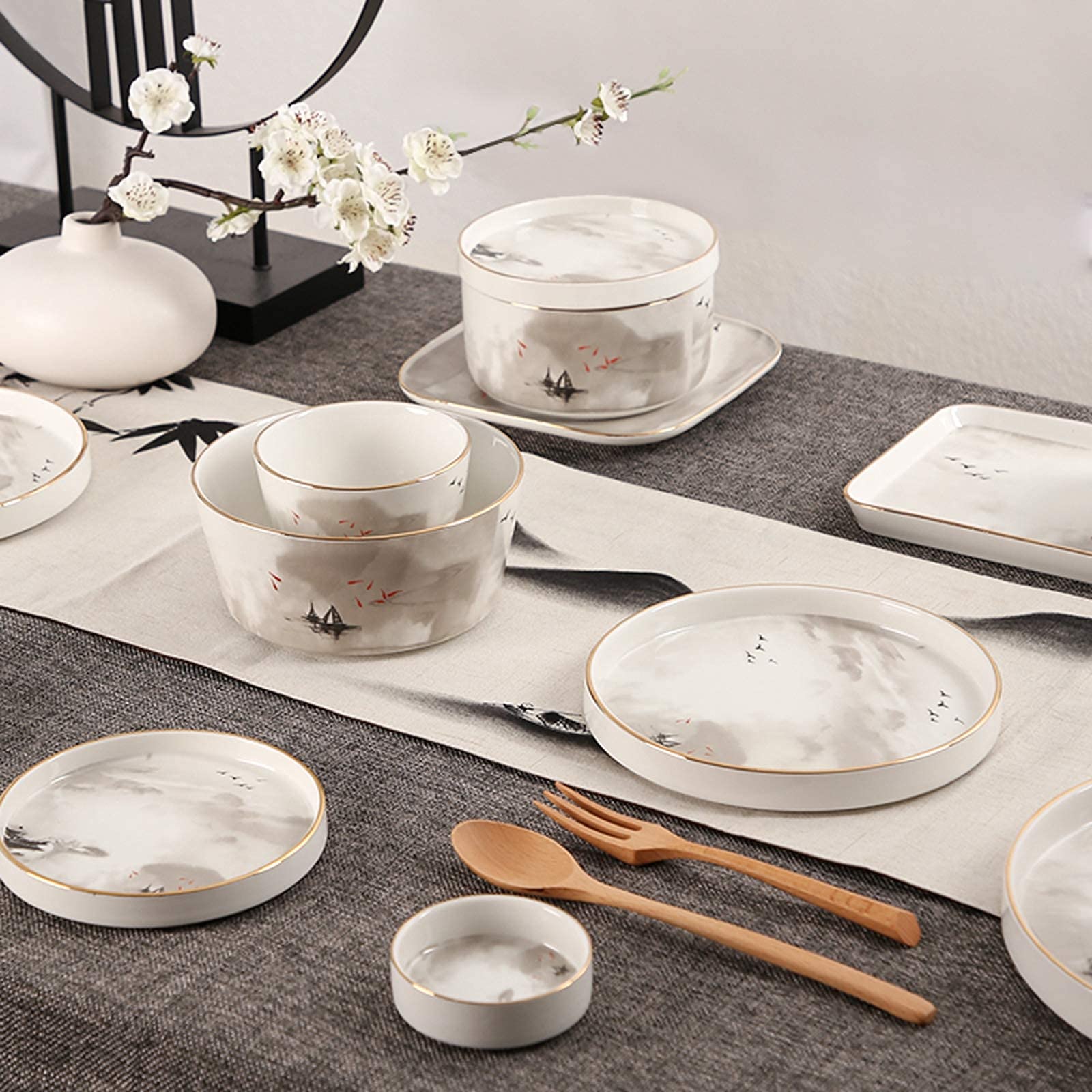 Klasyczna zastawa stołowa z ceramiki, zestaw naczyń ceramicznych, porcelanowy zestaw obiadowy z obrazem pejzażowym 48 szt. | Zestaw misek do płatków śniadaniowych i talerzy do steków