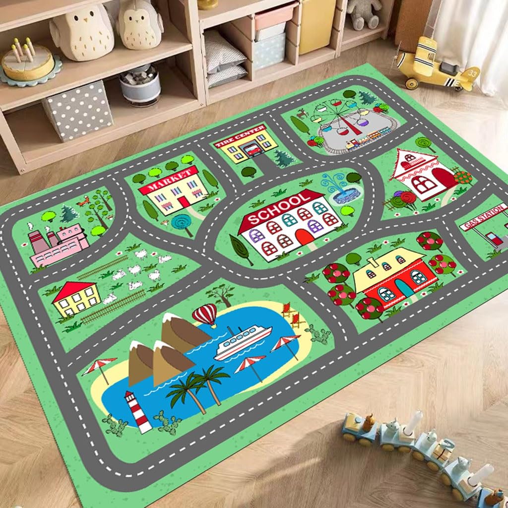 Tapis de salle de jeux, grand tapis de jeu éducatif vert pour enfants, apprendre et s'amuser en toute sécurité, antidérapant, lavable, tapis de circulation routière, idéal pour chambre d'enfant ( Colo