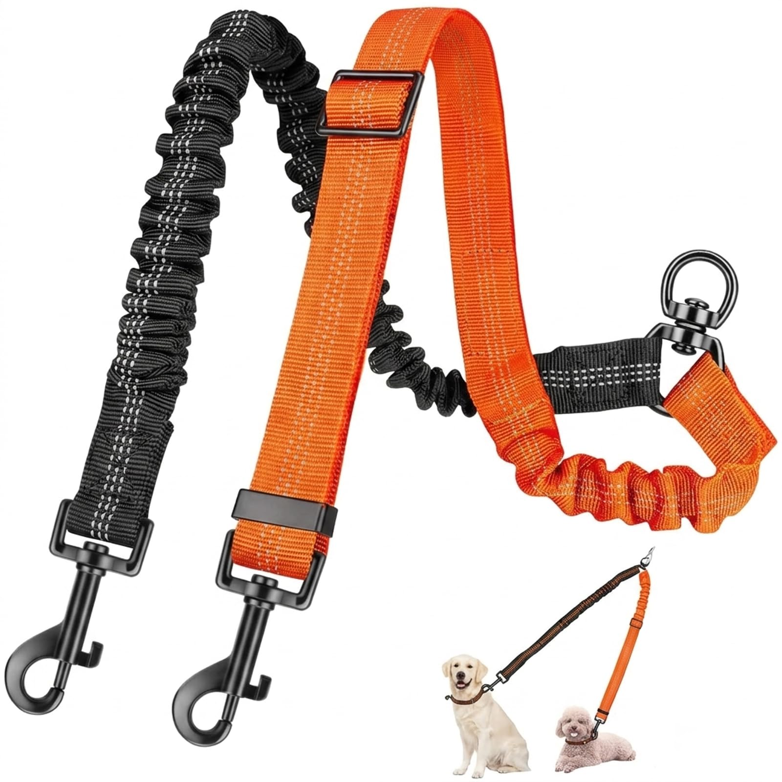 Double Dog Lead,Two Dog Lead No Tangle 360° Swivel Rotation Double Ended Bungee Lead for Dogs, Adjustable Shock Absorbing Bungee Splitter Leash for Training, Small, Medium & Large Dogs (Orange)