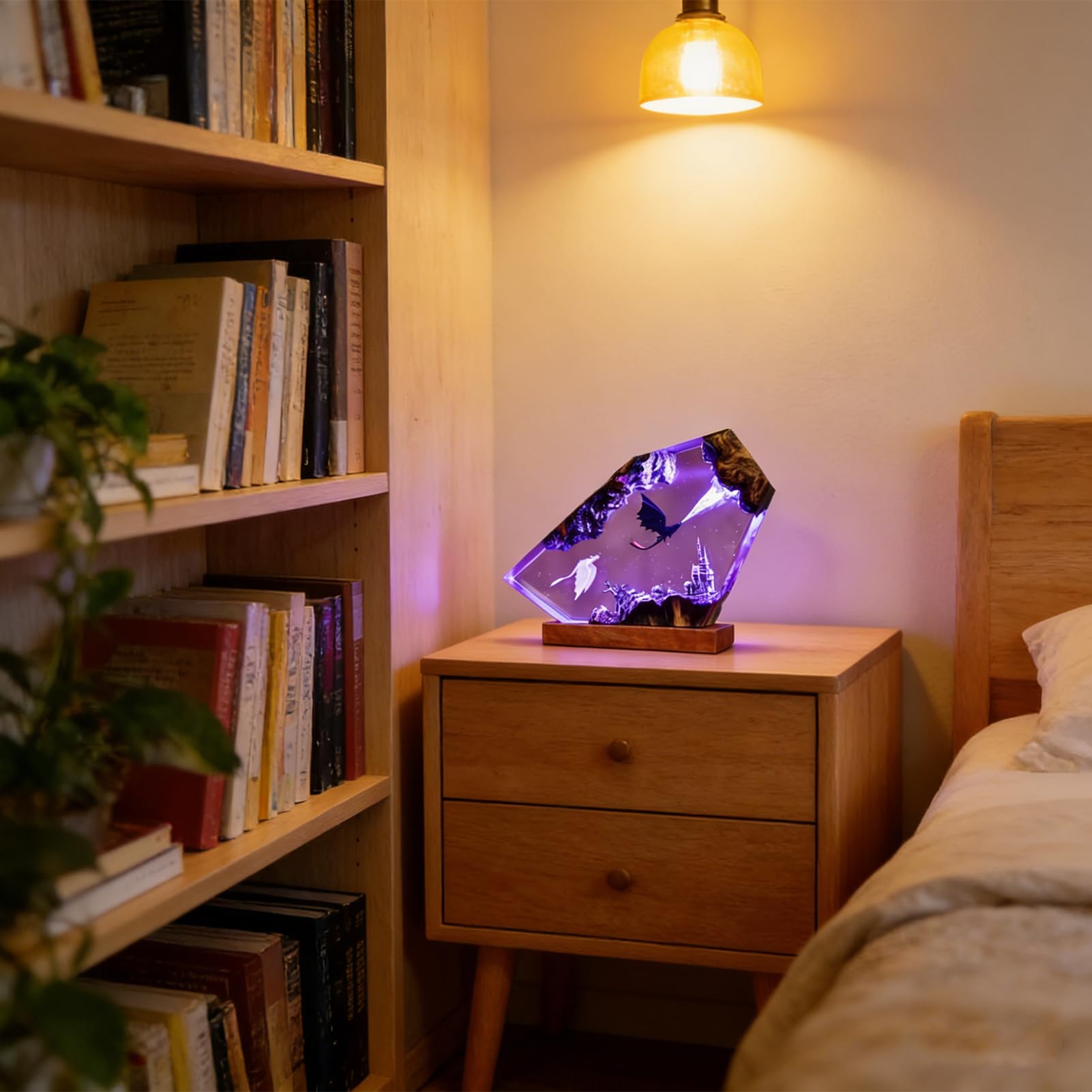 3D Ozean Epoxidharz Nachtlicht,Harz-Ozean-Lampe,Ornamente mit Holzsockel,Dinosaurier, der Feuer speit,Nachttischlampe Schlafzimmerlampe mit USB-Kabel für Meeresliebhaber (Violettes Licht)