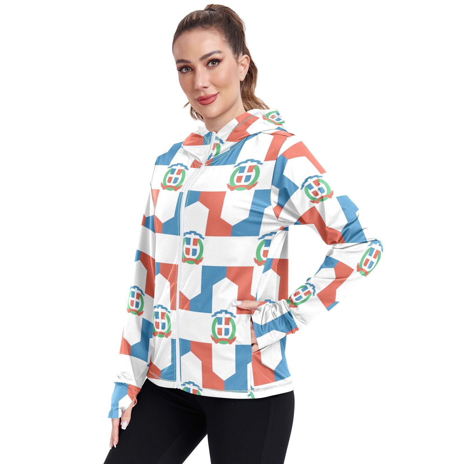Dominican Republic Flag Women's UPF 50+ Sun Protection Hoodie Jacket Lightweight Long Sleeve Sun Shirt with Pocket Multicoloured