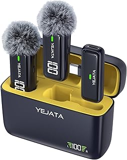 Microfono Inalambrico para teléfono con transmisor Pantalla Digital y Estuche de Carga 40 Horas, micrófono Lavalier inalámbrico con Puerto USB Tipo C para grabación de vídeo – Juego de 2