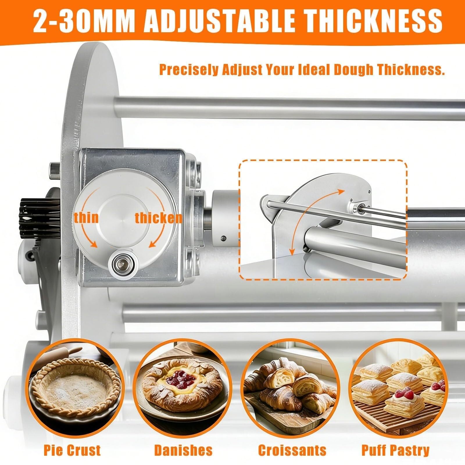 Laminadora de masa eléctrica comercial, for croissants y tartas | Con Movimiento Automático De Avance/Retroceso, Espesor Ajustable 2-30 Mm, Adecuado Plegable, for Hojaldres
