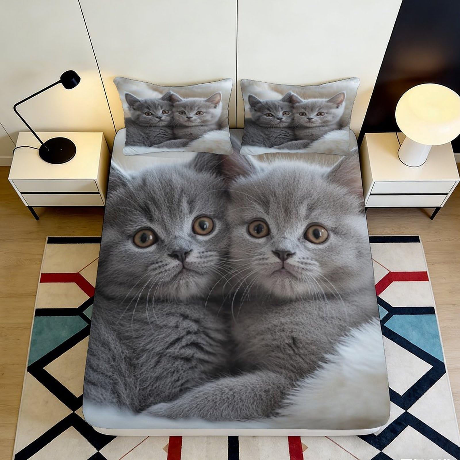 3D Printed Grey Cat Kitten Fitted Sheet Microfiber Soft Anti-Slip Bed Cover for Bedroom Guestroom Mattress Protection 90x200x25cm