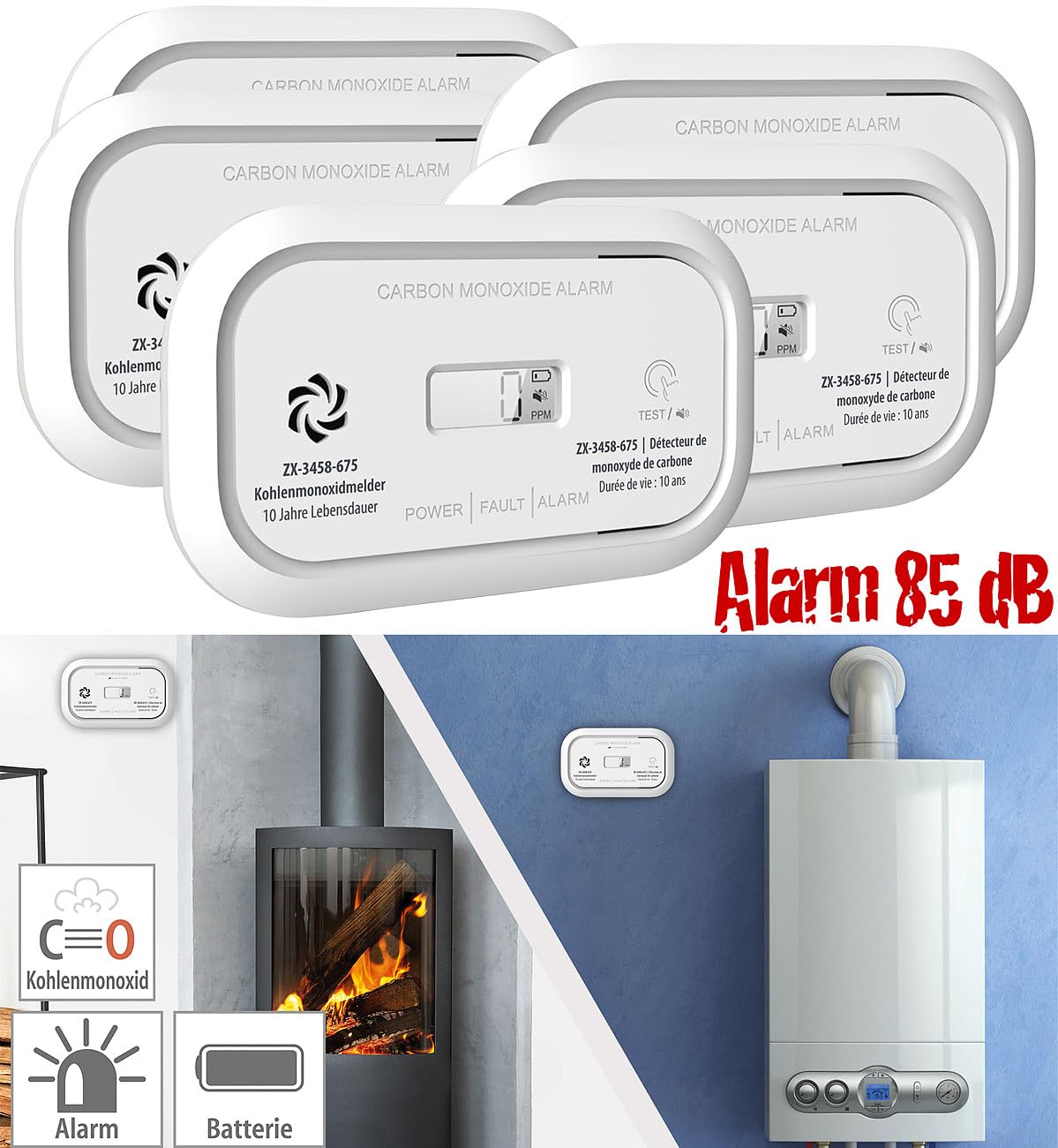 VisorTech Gasmelder Batterien: 5er-Set Digitale Kohlenmonoxid-Melder, 85 dB, Display, DIN EN 50291 (Kohlenmonoxid-Alarmdetektoren, Alarm Kohlenmonoxyd, Messgerät)